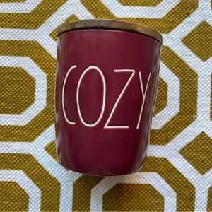 Rae Dunn red maroon COZY small canister with wooden lid